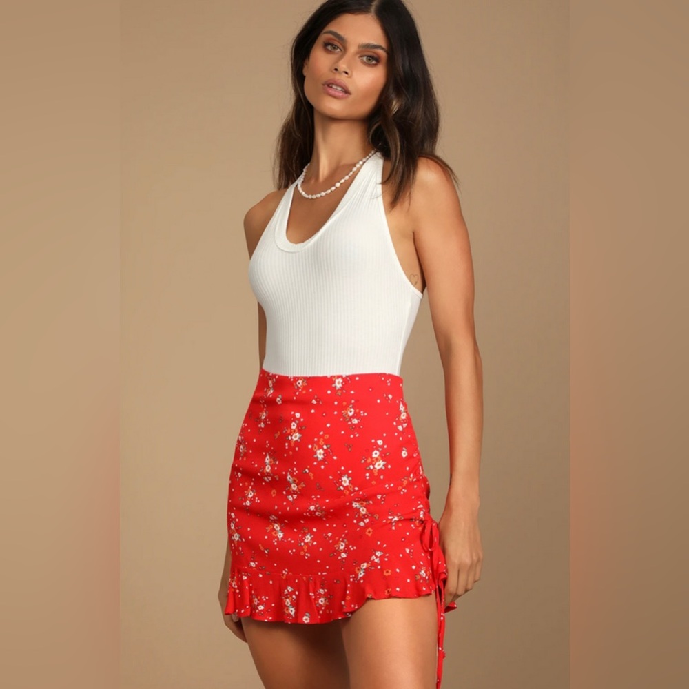 Sexy Red Floral Print Ruched Mini Skirt